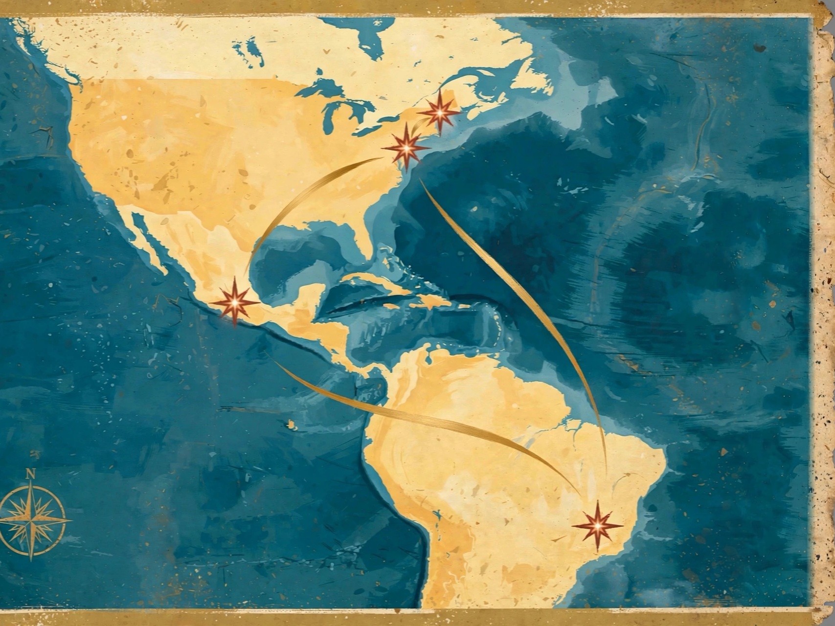 A route map of the Americas, four cities joined by arcs.