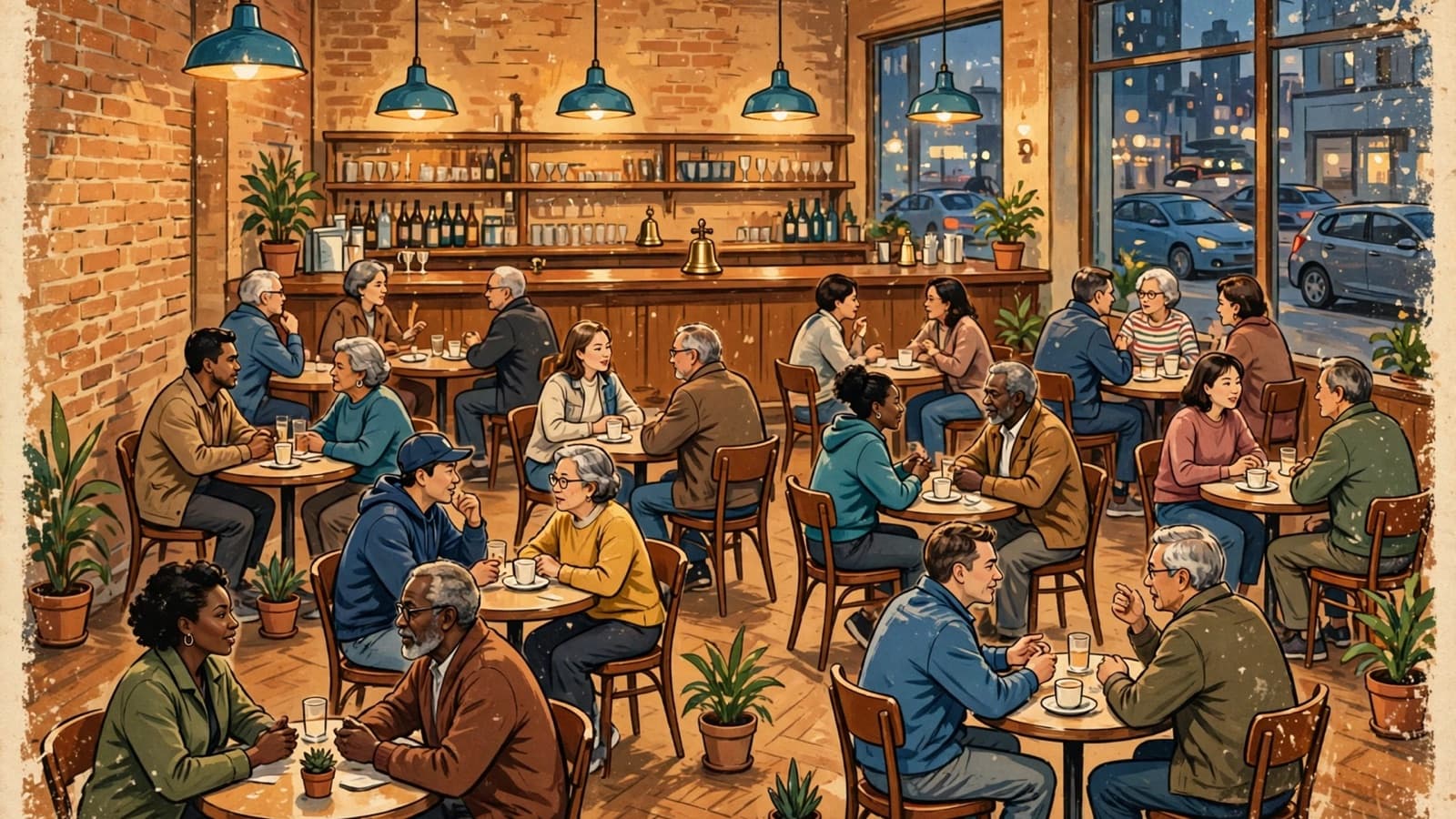 Cafe tables scattered across a bar, a pair at each, a bell on the bar.