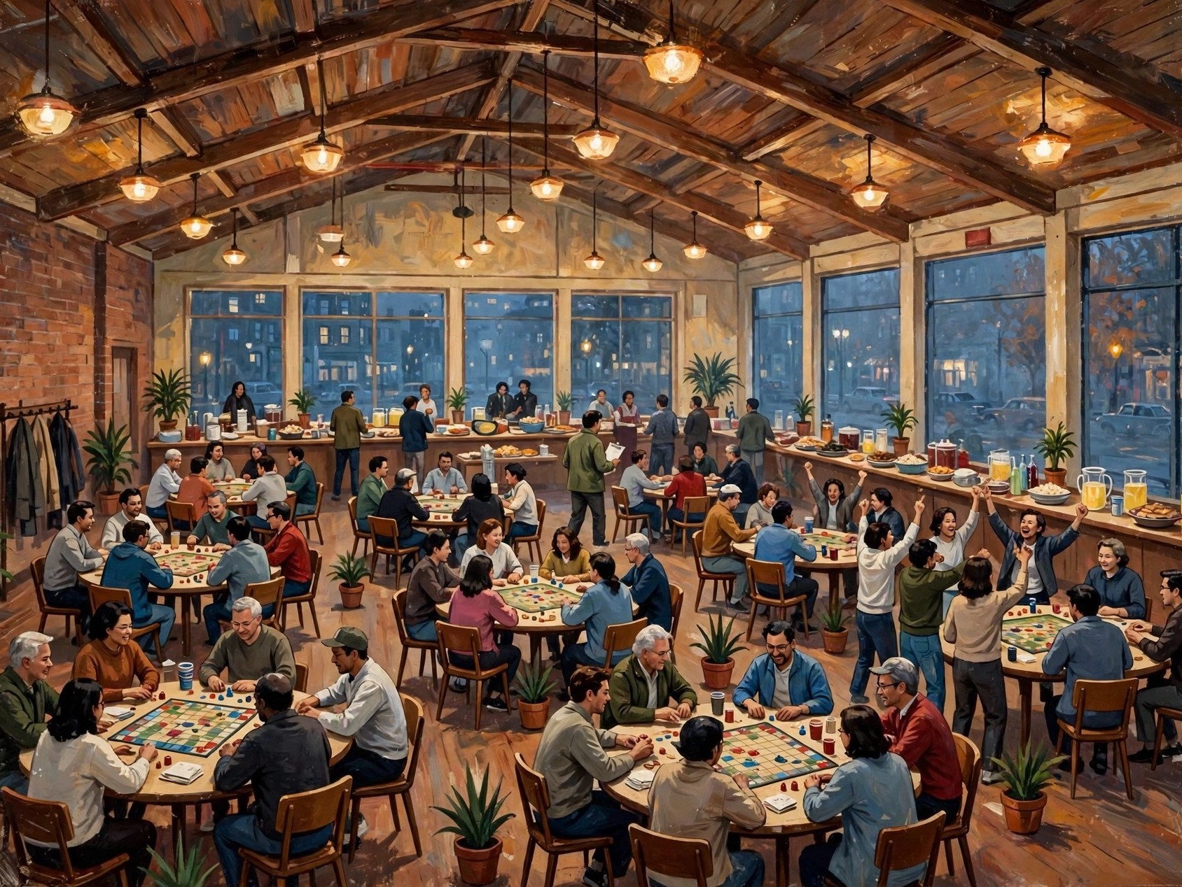 A board game night, round tables of players, one table cheering.