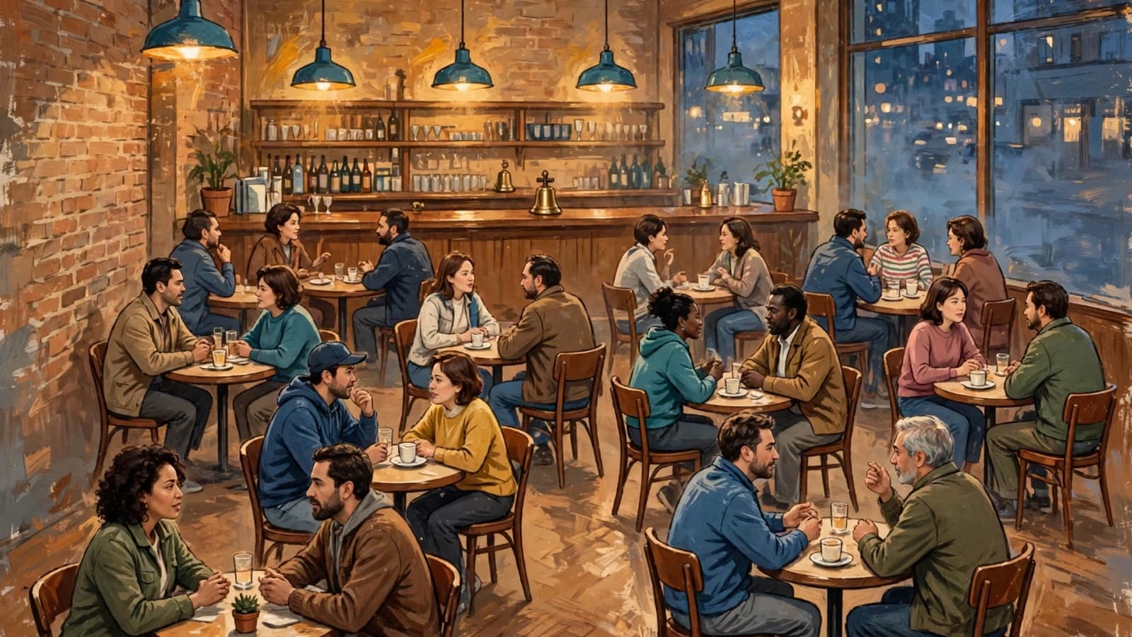Cafe tables scattered across a bar, a pair at each, a bell on the bar.