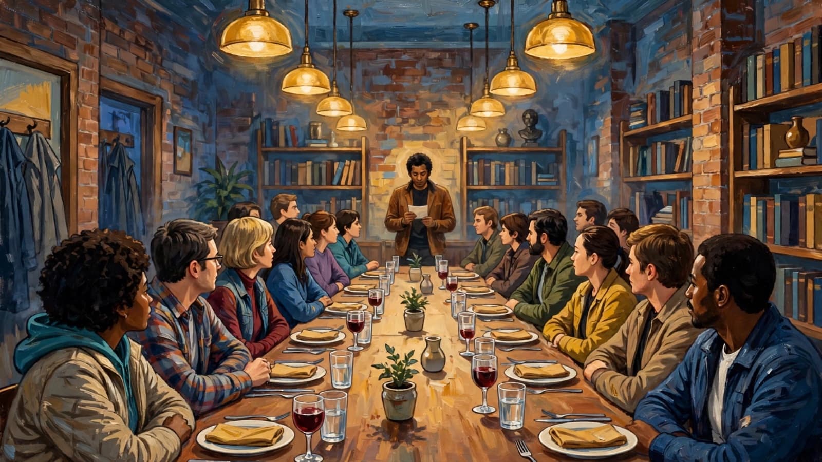 A courtyard at night, guests at cafe tables, one standing on a chair reading an accusation.