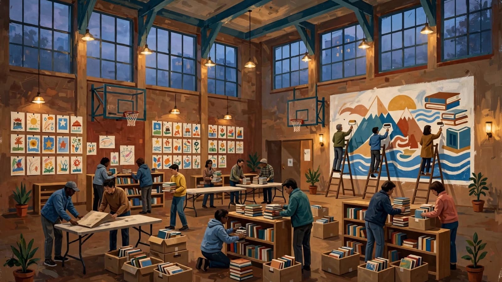 Volunteers in a school gym painting a mural and shelving donated books.
