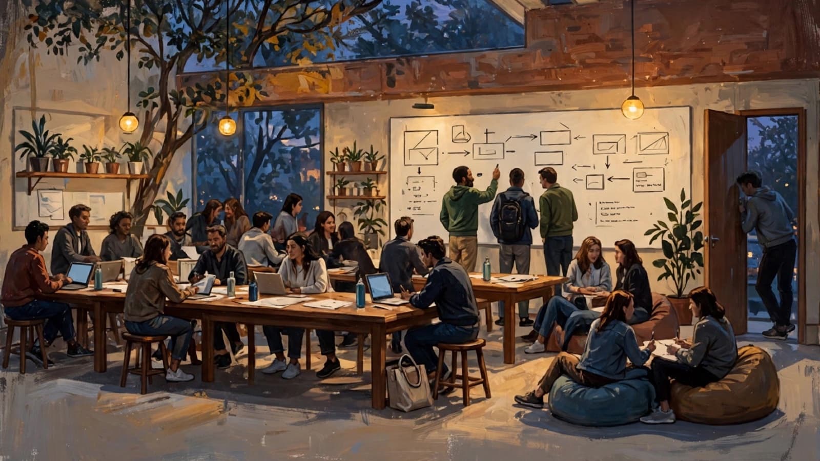 A studio classroom, whiteboards on every wall, one person teaching from the middle.