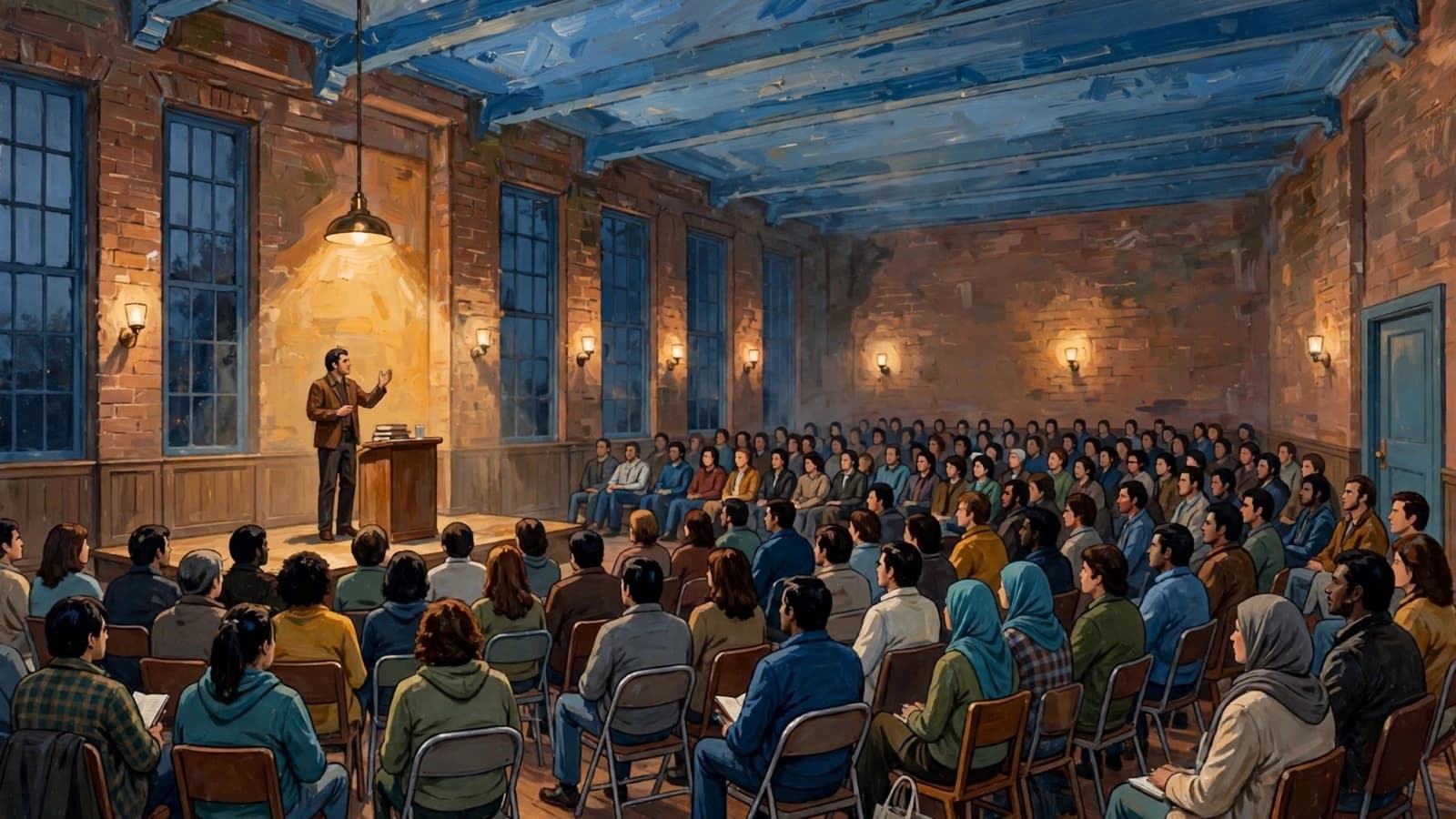 A public evening event, a full room, one person speaking from a low stage.