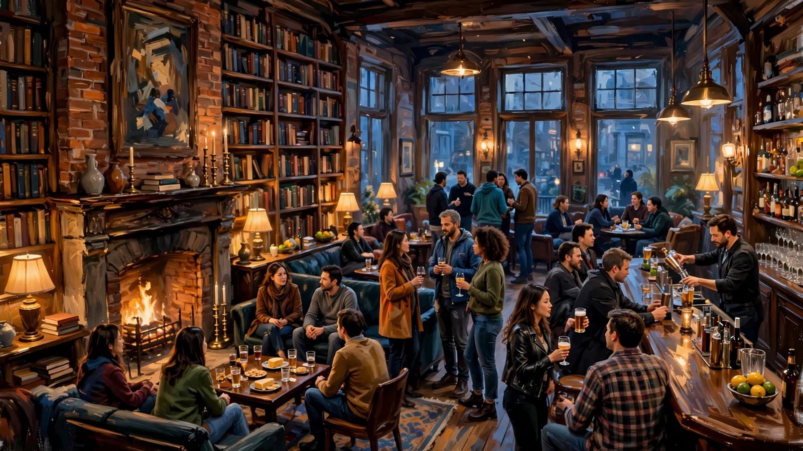A members' bar on a Thursday night, people standing in groups.