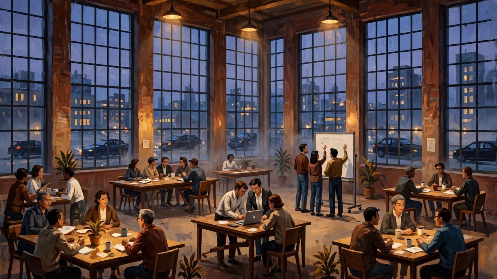 A bright open room, people working in groups at shared tables.