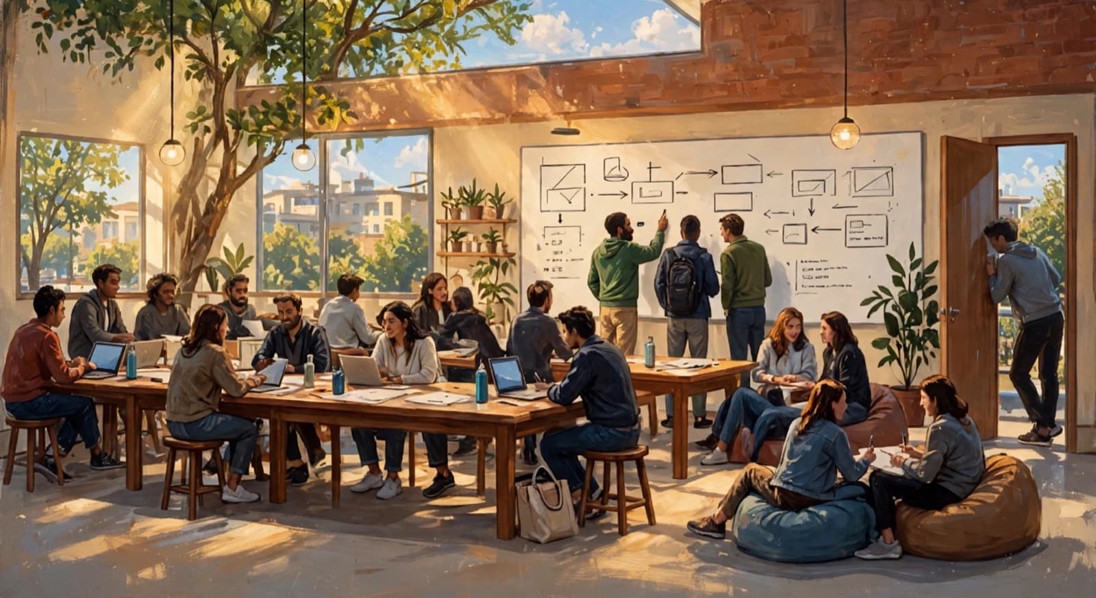 A studio classroom, whiteboards on every wall, one person teaching from the middle.