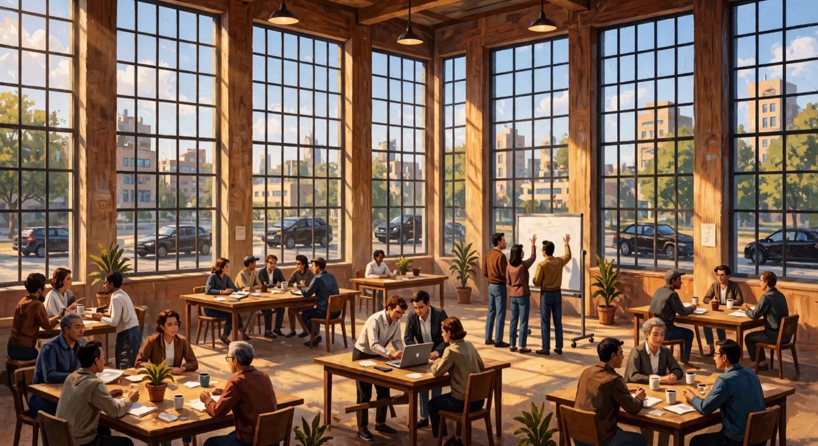 A bright open room, people working in groups at shared tables.